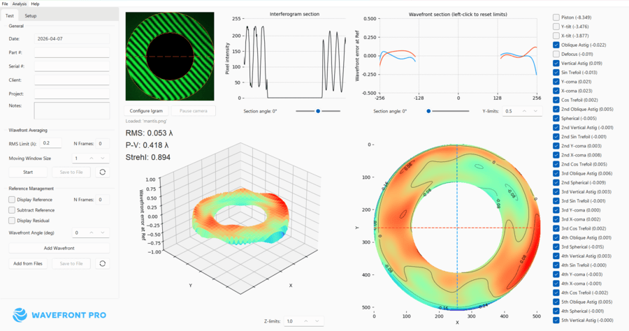 Wavefront Pro optical interferometer software interface showing real-time wavefront analysis